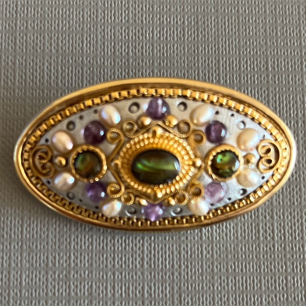 MICHAL GOLAN 24K GOLD PLATED PEARL AMETHYST CABOCHON STATEMENT
BROOCH PENDANT